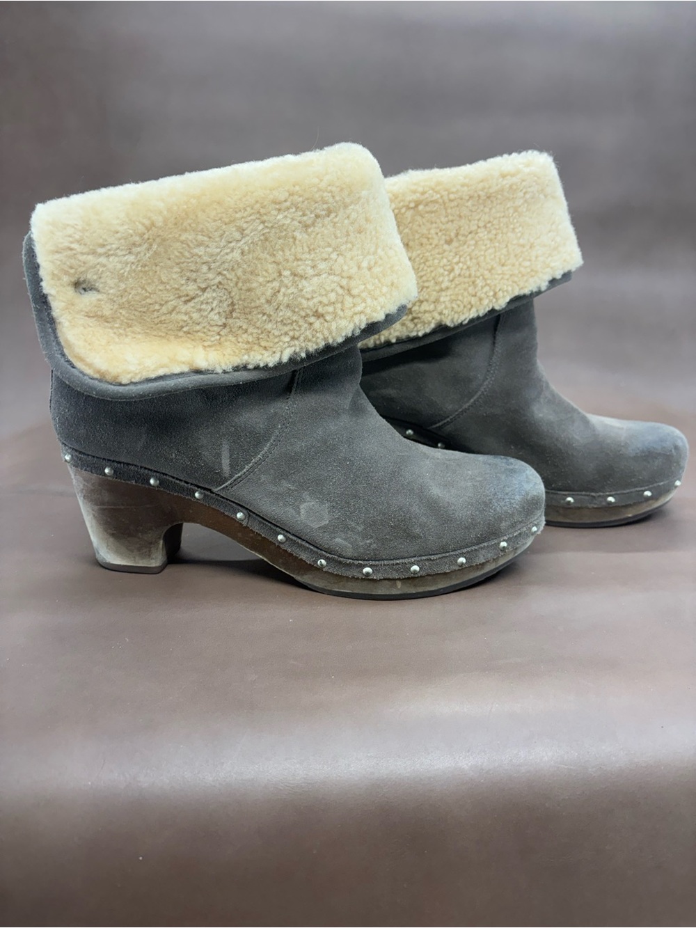 UGG Gray Suede Shearling-Trim Clog Boots